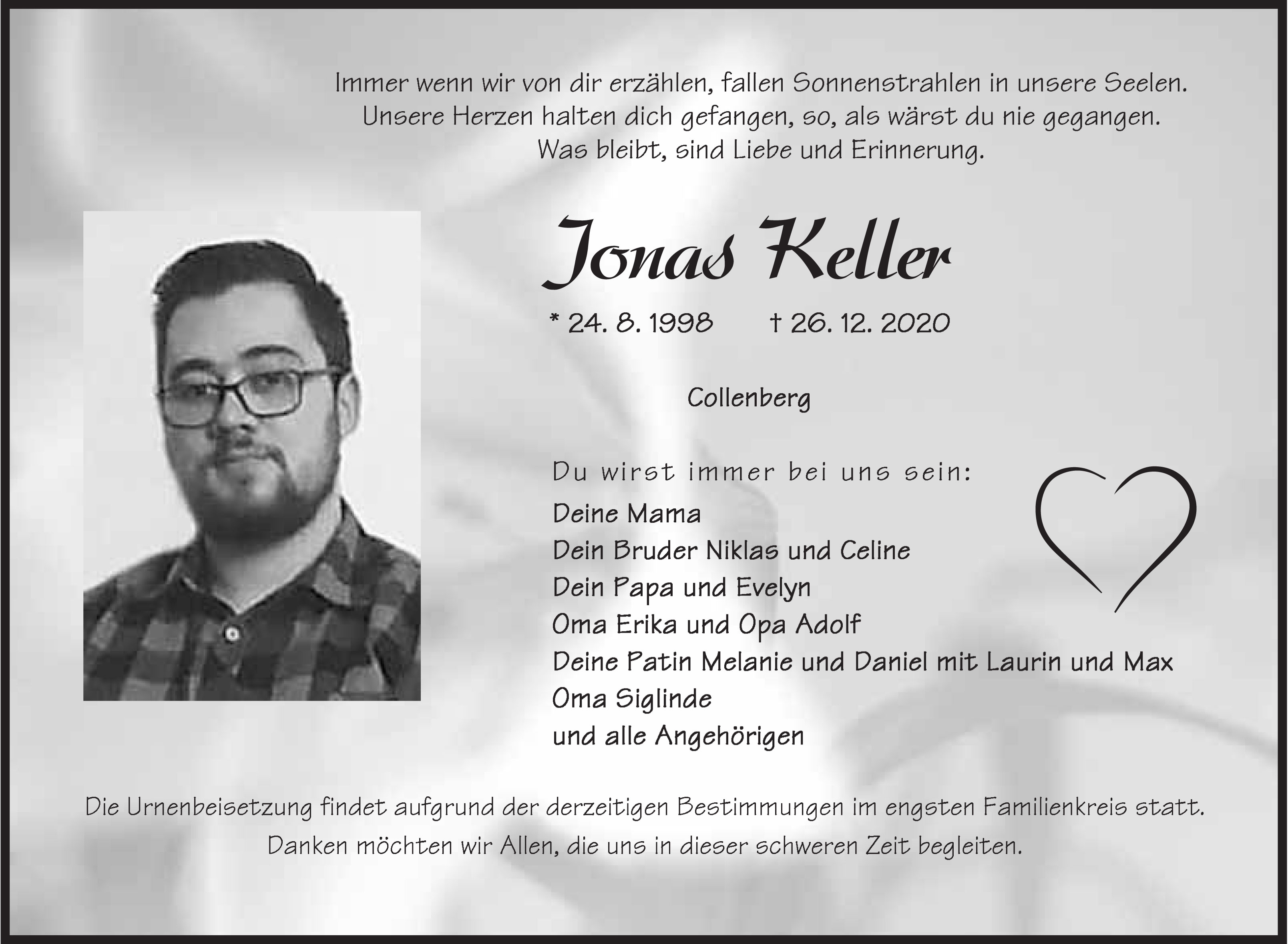 Sterbeanzeige Jonas Keller